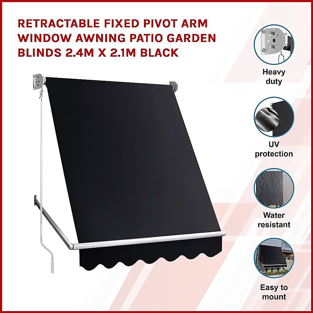 Retractable Fixed Pivot Arm Window Awning Patio Garden Blinds 2.4m x 2.1m Black Price