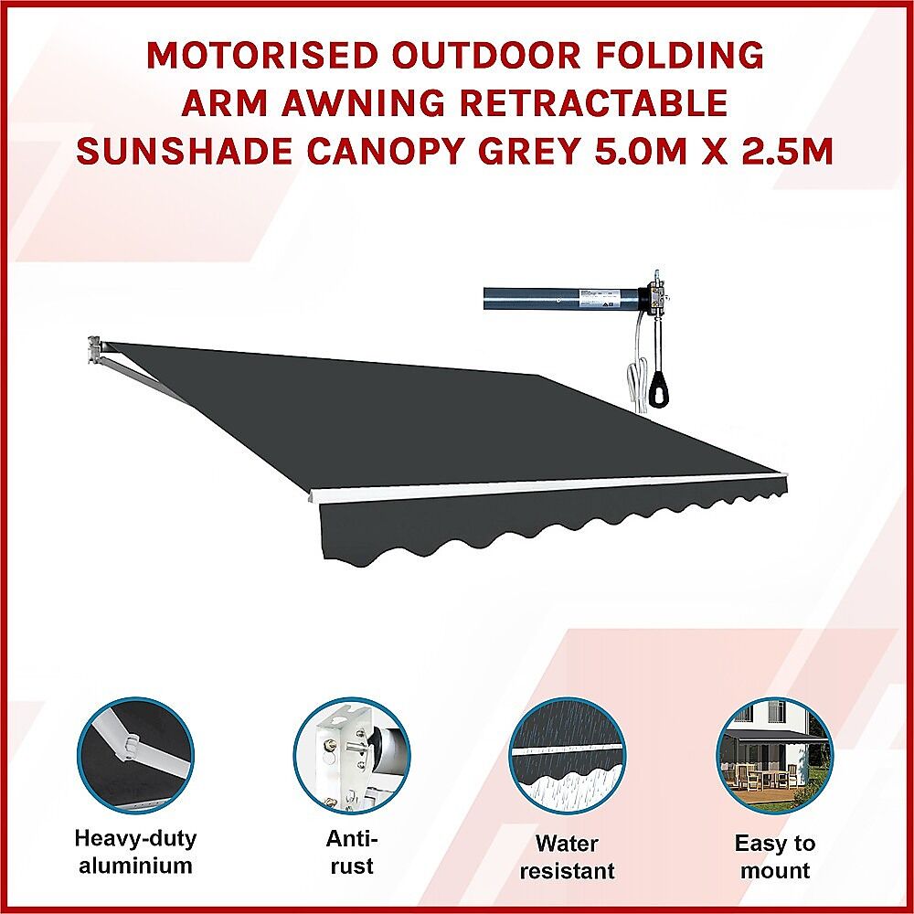 Motorised Outdoor Folding Arm Awning Retractable Sunshade Canopy Grey 5.0m x 2.5m Price