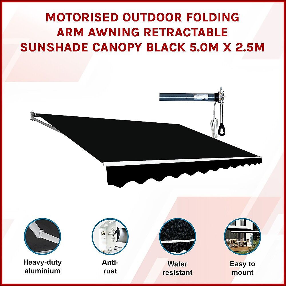 Motorised Outdoor Folding Arm Awning Retractable Sunshade Canopy Black 5.0m x 2.5m Price