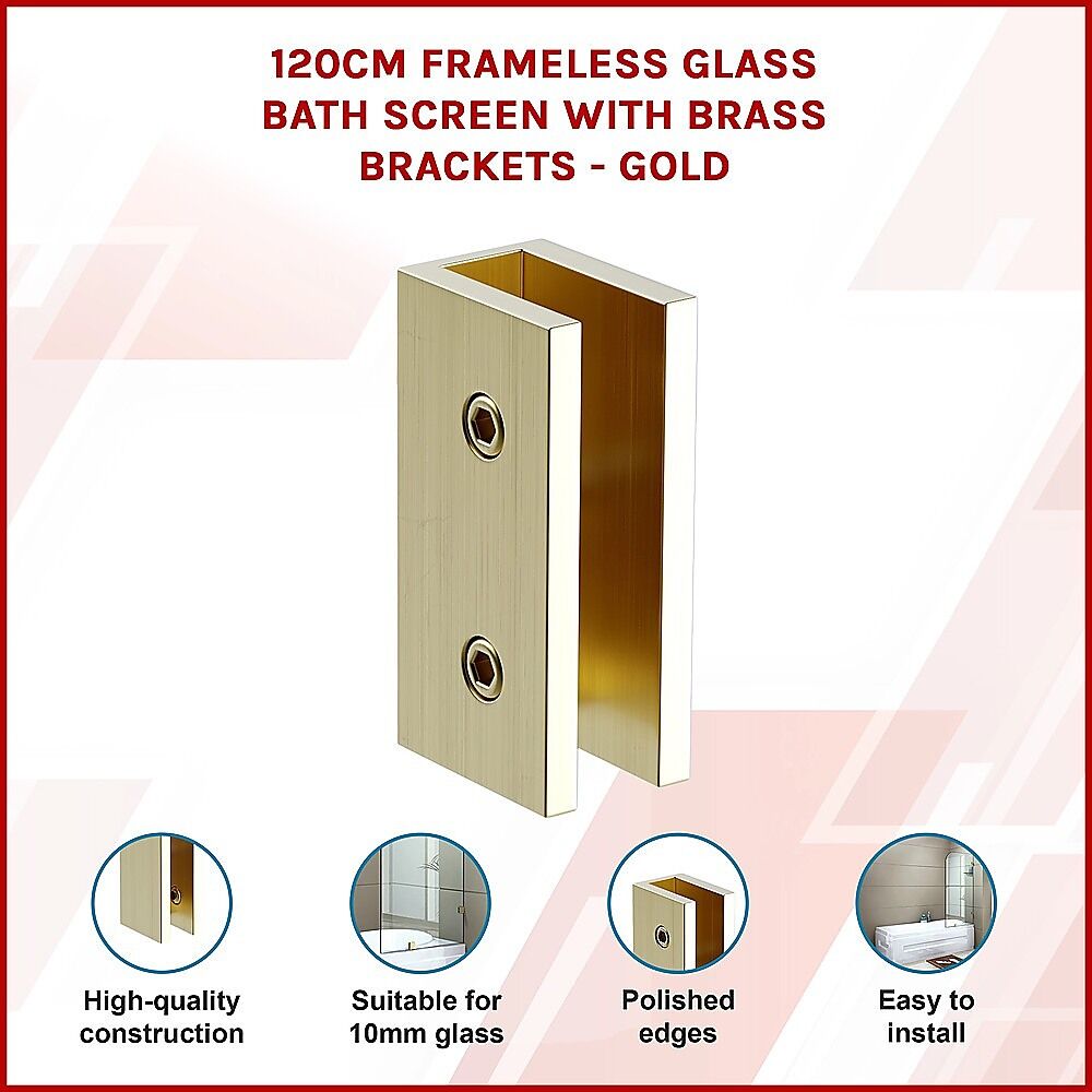 120cm Frameless Glass Bath Screen with Brass Brackets - Gold Price