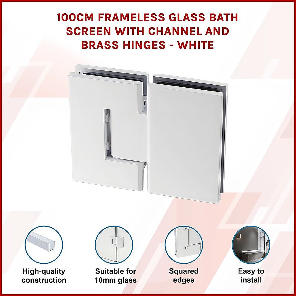 100cm Frameless Glass Bath Screen with Channel and Brass Hinges - White Price