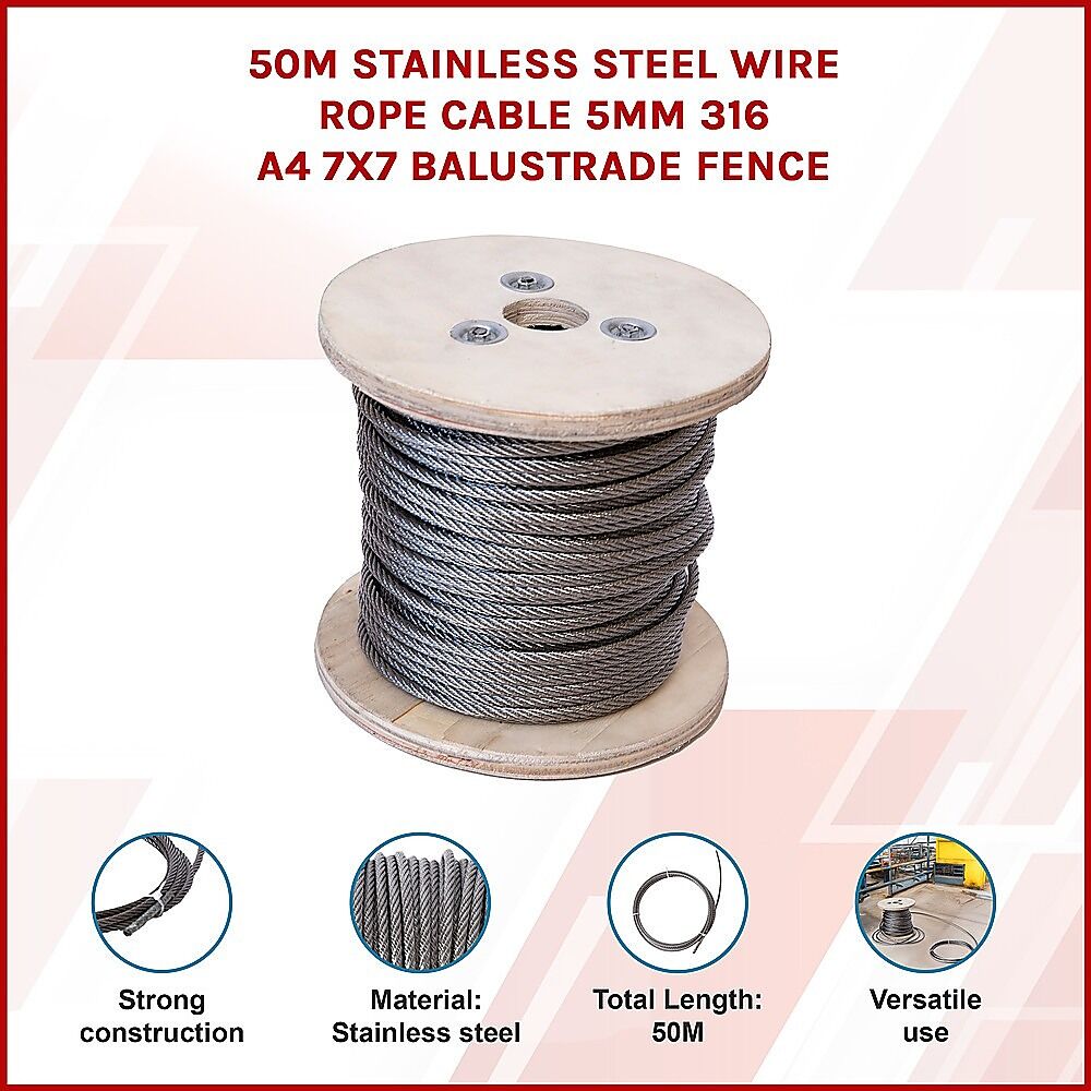 50m Stainless Steel Wire Rope Cable 5mm 316 A4 7x7 Balustrade Fence Price