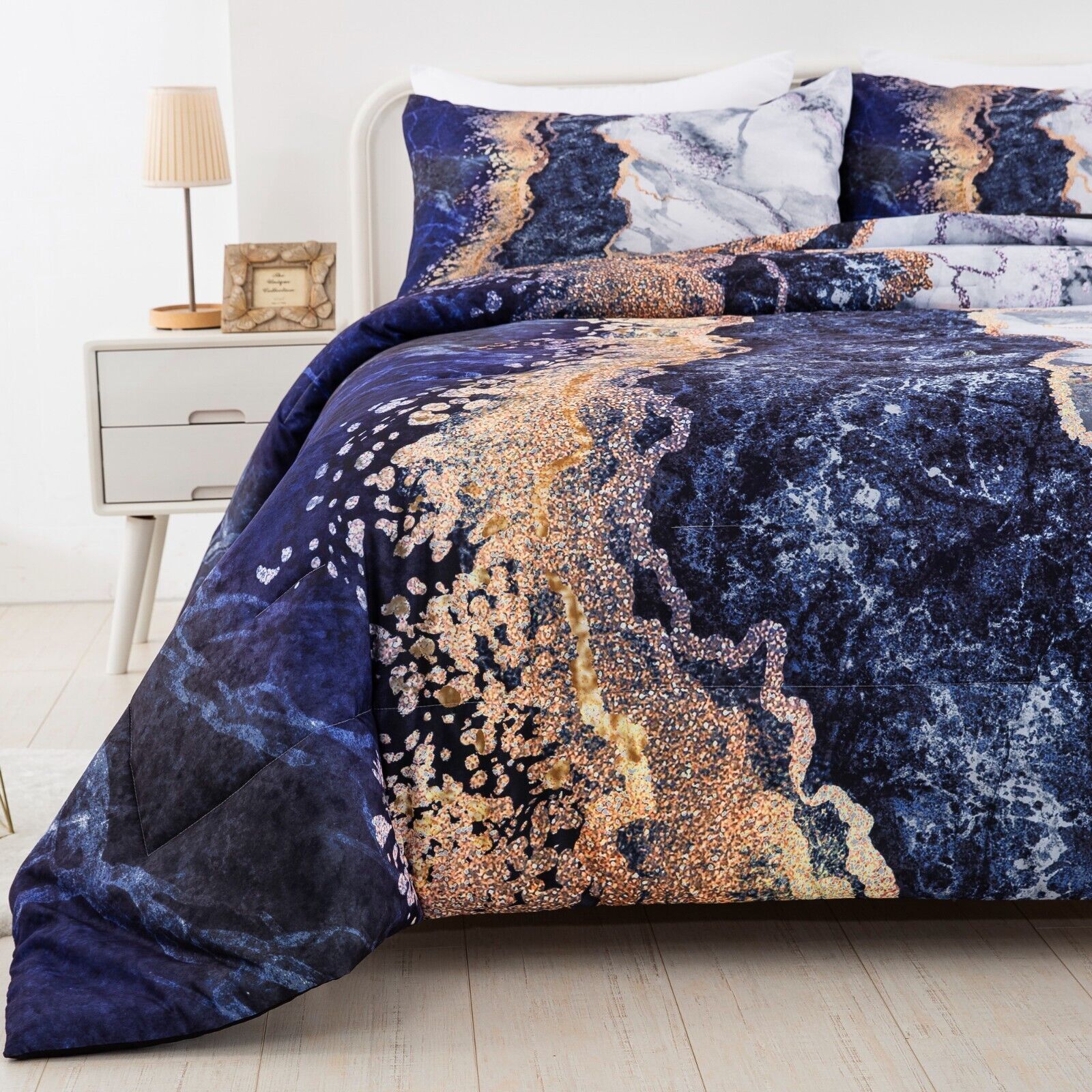 Blue Marble Comforter Set, King Size, Retro Watercolor 3-Piece Bedding Ensemble Price