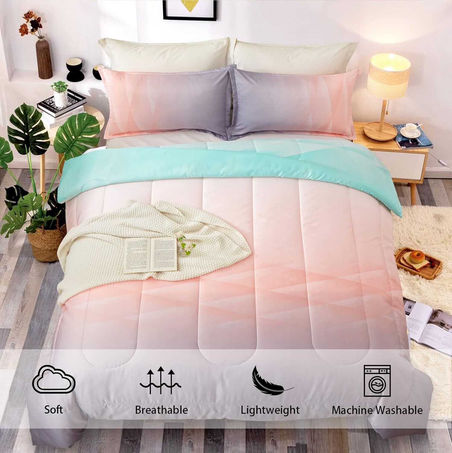 Girls Comforter Set, King Size, Ombre Blue Pink Rainbow 3-Piece Bedding Collection Price