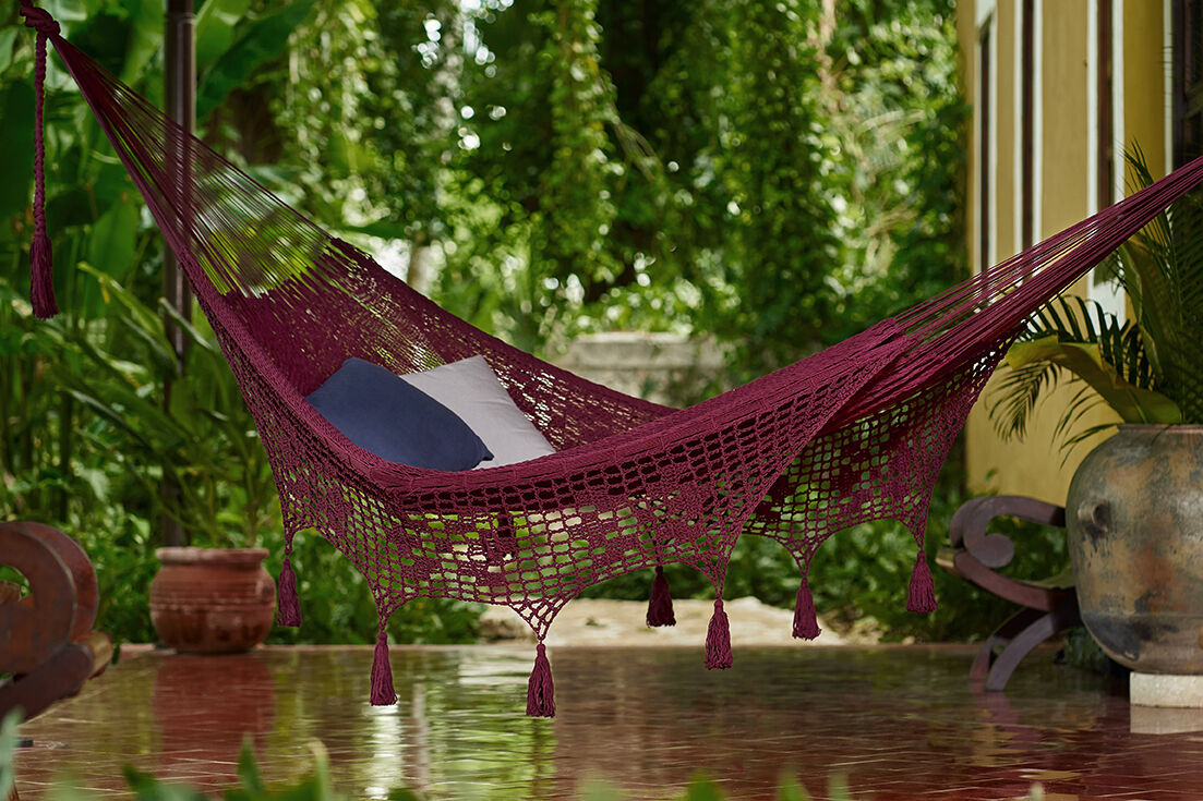 Outdoor undercover cotton Mayan Legacy hammock with hand crocheted tassels King Size Maroon Price