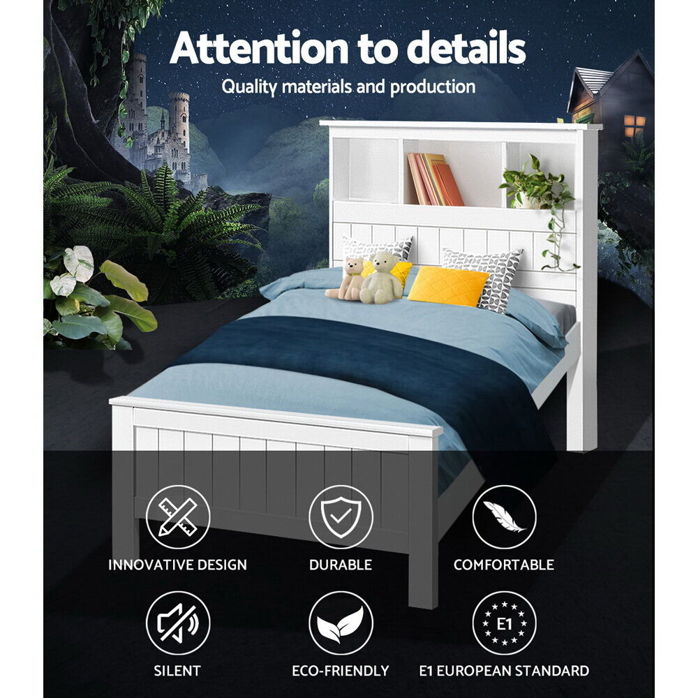 Bed Frame King Single Size Wooden with 3 Shelves Bed Head White Price