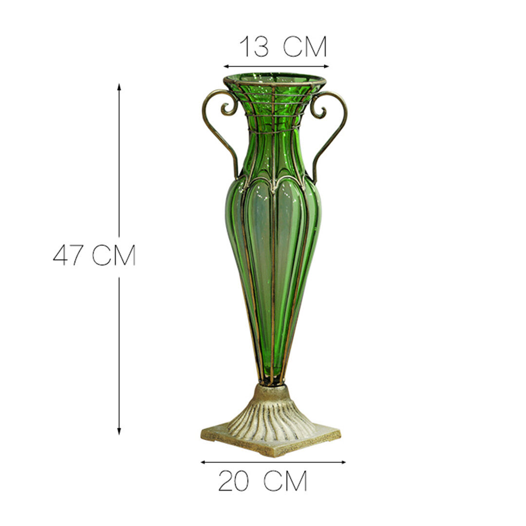 green colored glass flower vase with 8 bunch 5 heads artificial fake silk rose home decor set Price