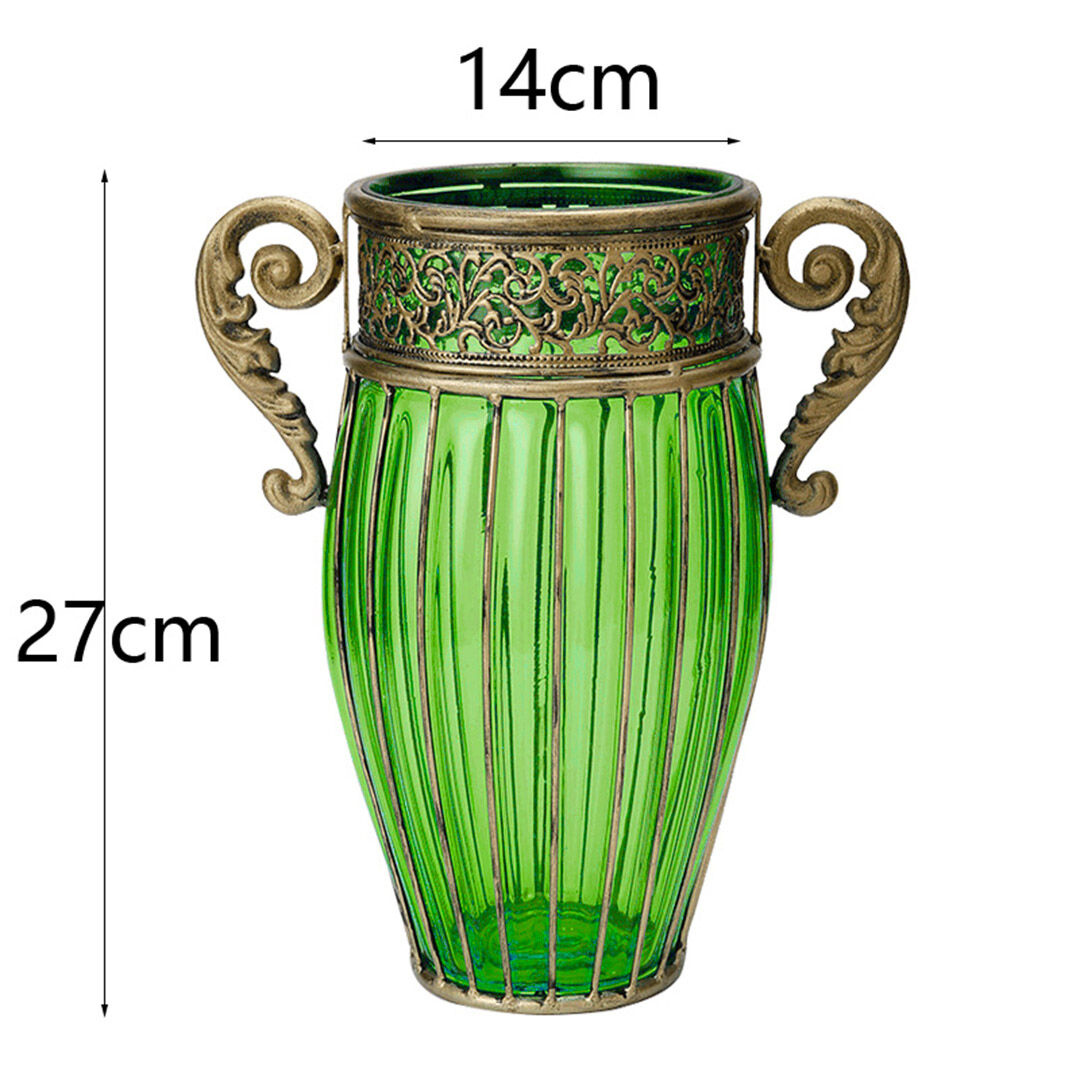 Green Glass Flower Vase with 8 Bunch 5 Heads Artificial Fake Silk Rose Home Decor Set Price