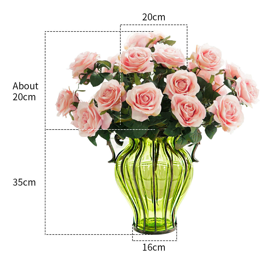 green colored glass flower vase with 4 bunch 9 heads artificial fake silk rose home decor set Price