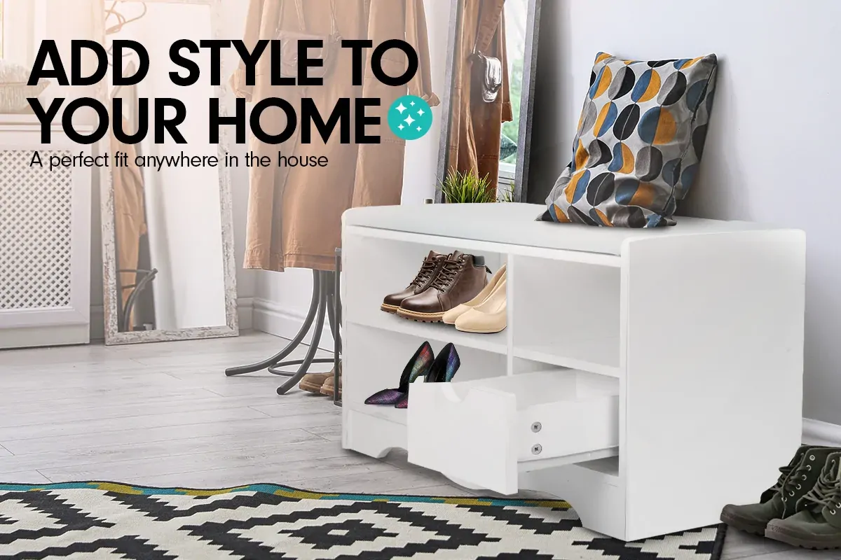Shoe Rack Cabinet Organiser White Cushion - 80 x 30 x 45cm - White Price