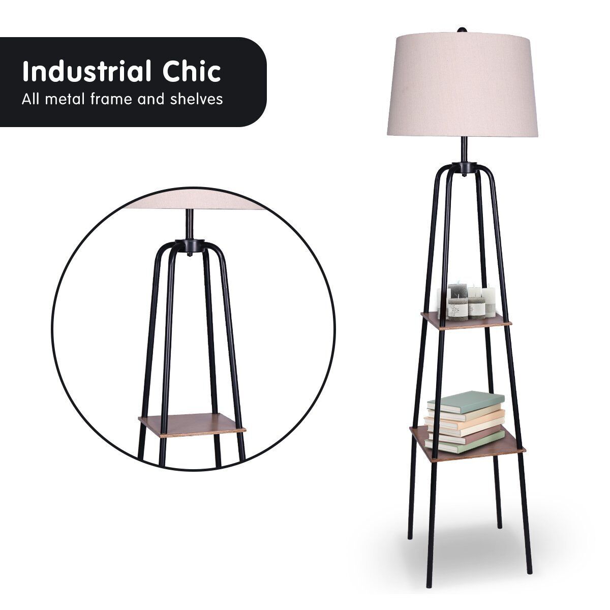 Sarantino Metal Etagere Floor Lamp Shade Metal Shelf in Wood Finish Price