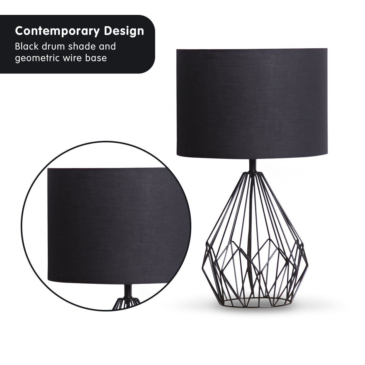 Sarantino Metal Wire Table Lamp in Black Finish With Black Drum Shade Price