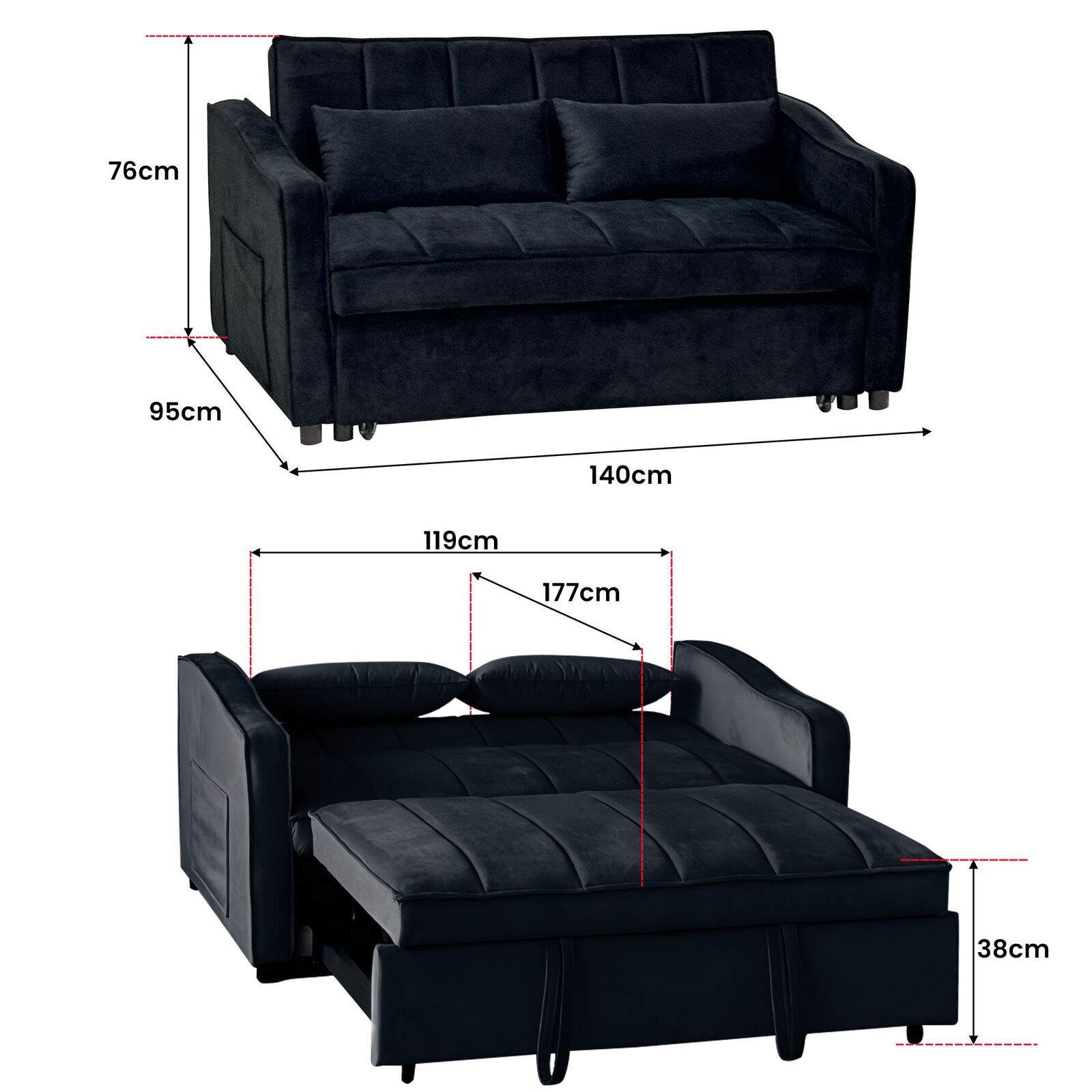 Sarantino Fenton Velvet 2-Seater Sofa Bed - Black Price