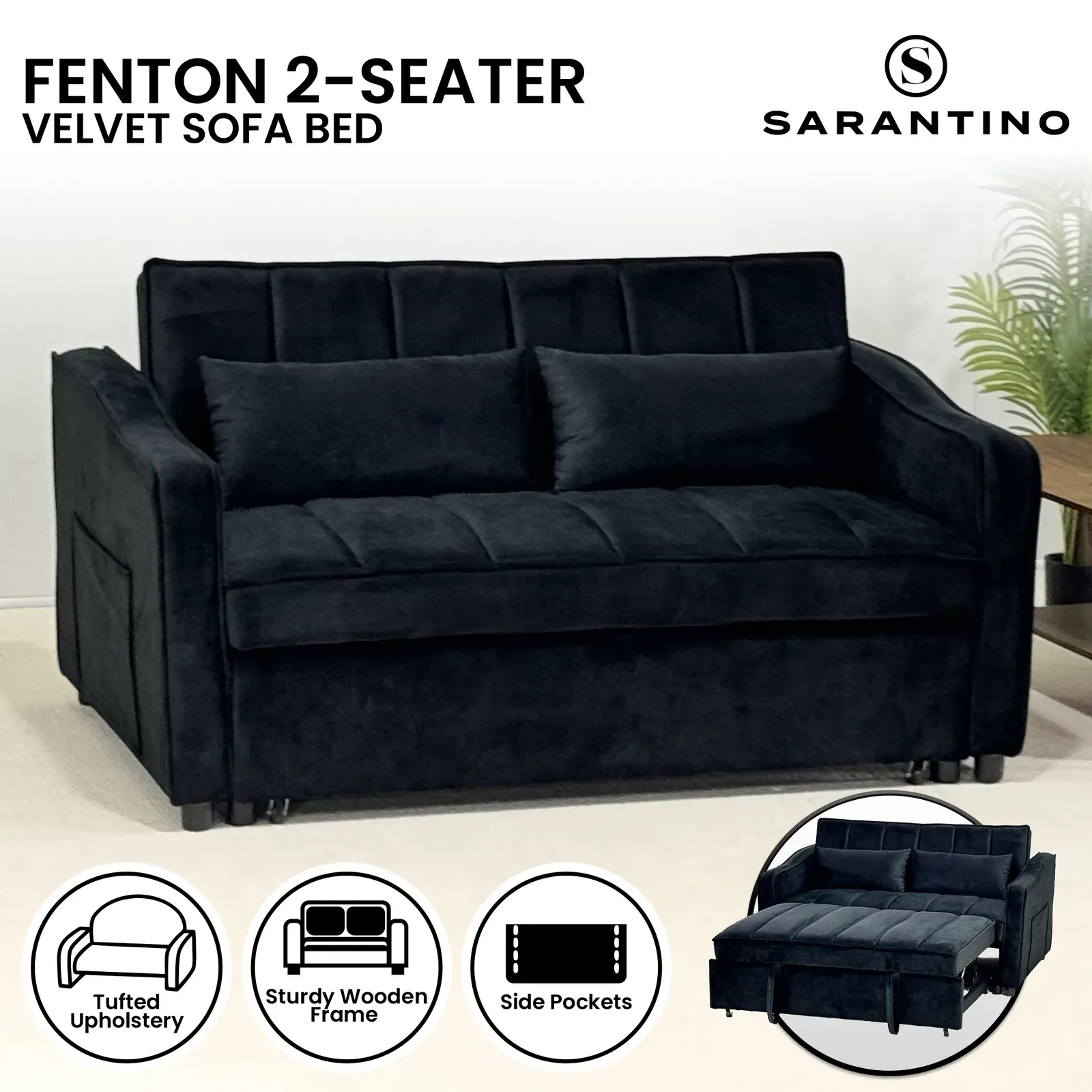 Sarantino Fenton Velvet 2-Seater Sofa Bed - Black Price