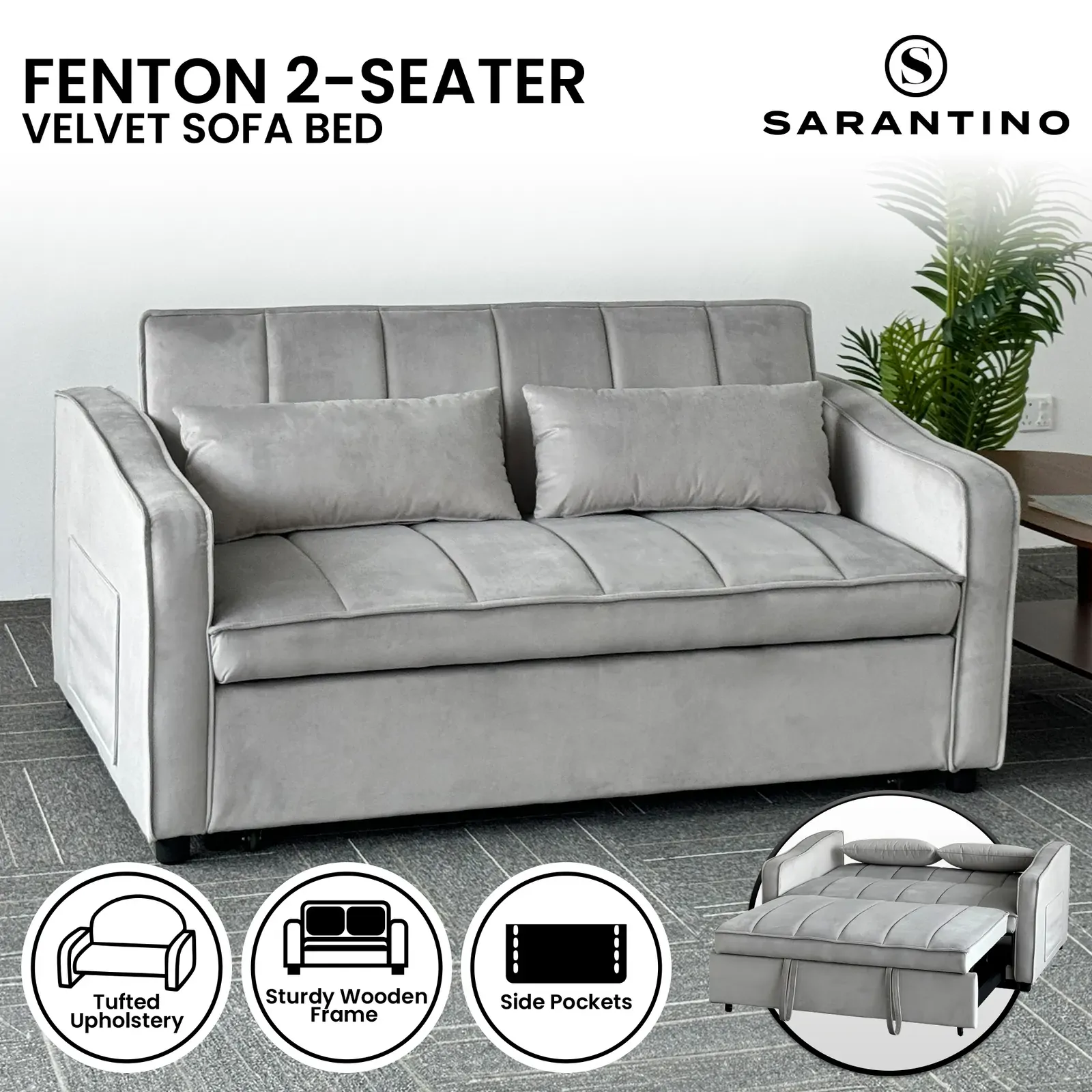 Sarantino Fenton Velvet 2-Seater Sofa Bed - Light Grey Price