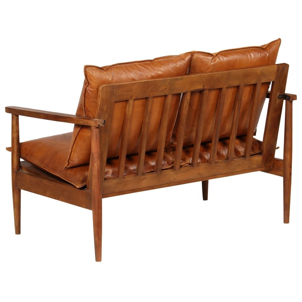 2-Seater Sofa Real Leather with Acacia Wood Brown Price