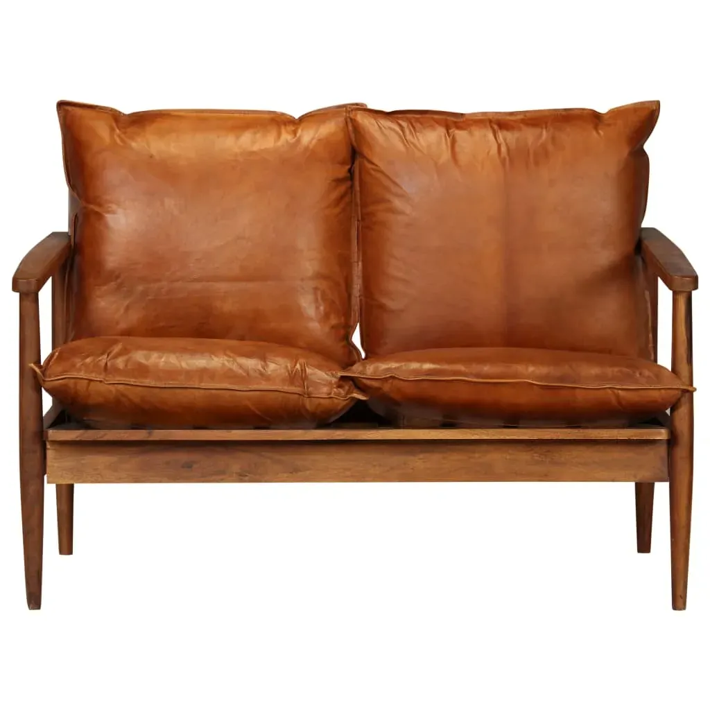 2-Seater Sofa Real Leather with Acacia Wood Brown Price