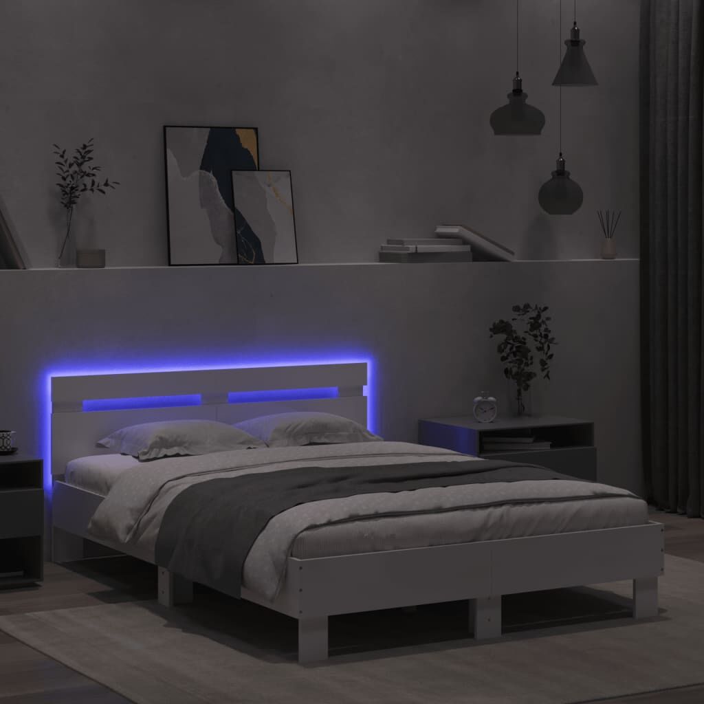 Bed Frame with LED without Mattress White 135x190 cm Price