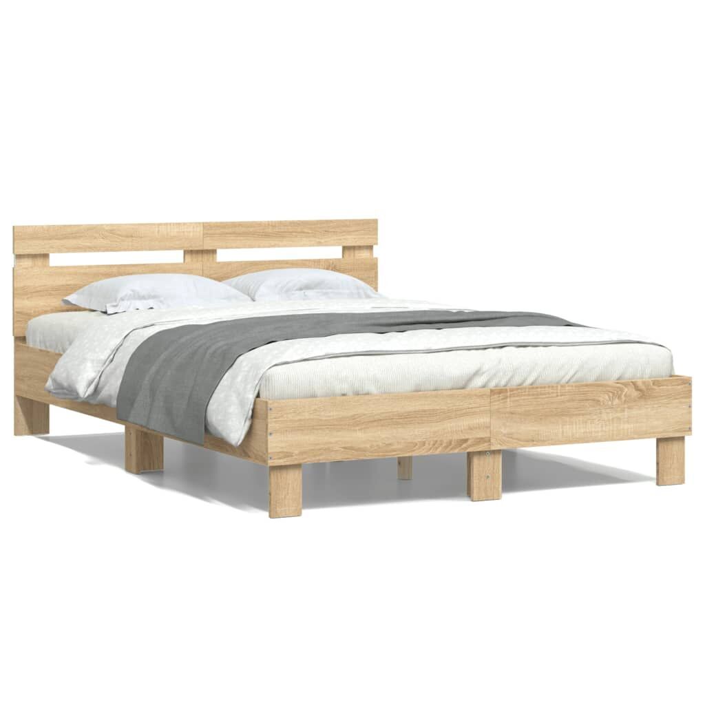 Bed Frame with LED without Mattress Sonoma Oak 135x190 cm Price
