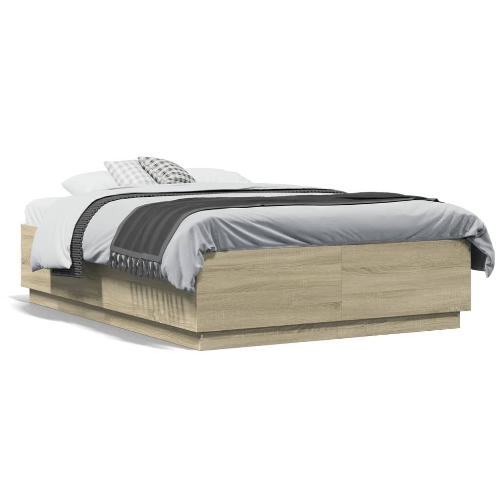 Bed Frame with LED without Mattress Sonoma Oak 135x190 cm Price