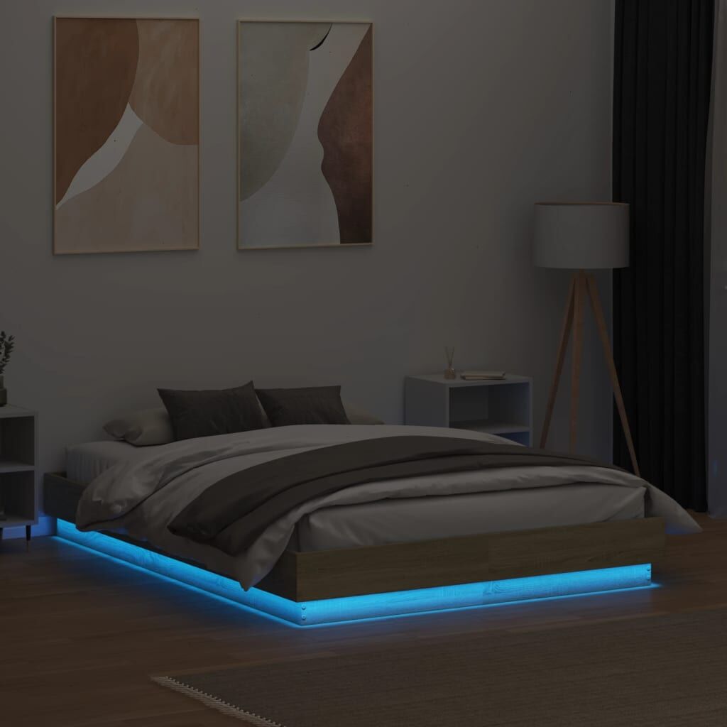 Bed Frame with LED without Mattress Sonoma Oak 135x190 cm Price