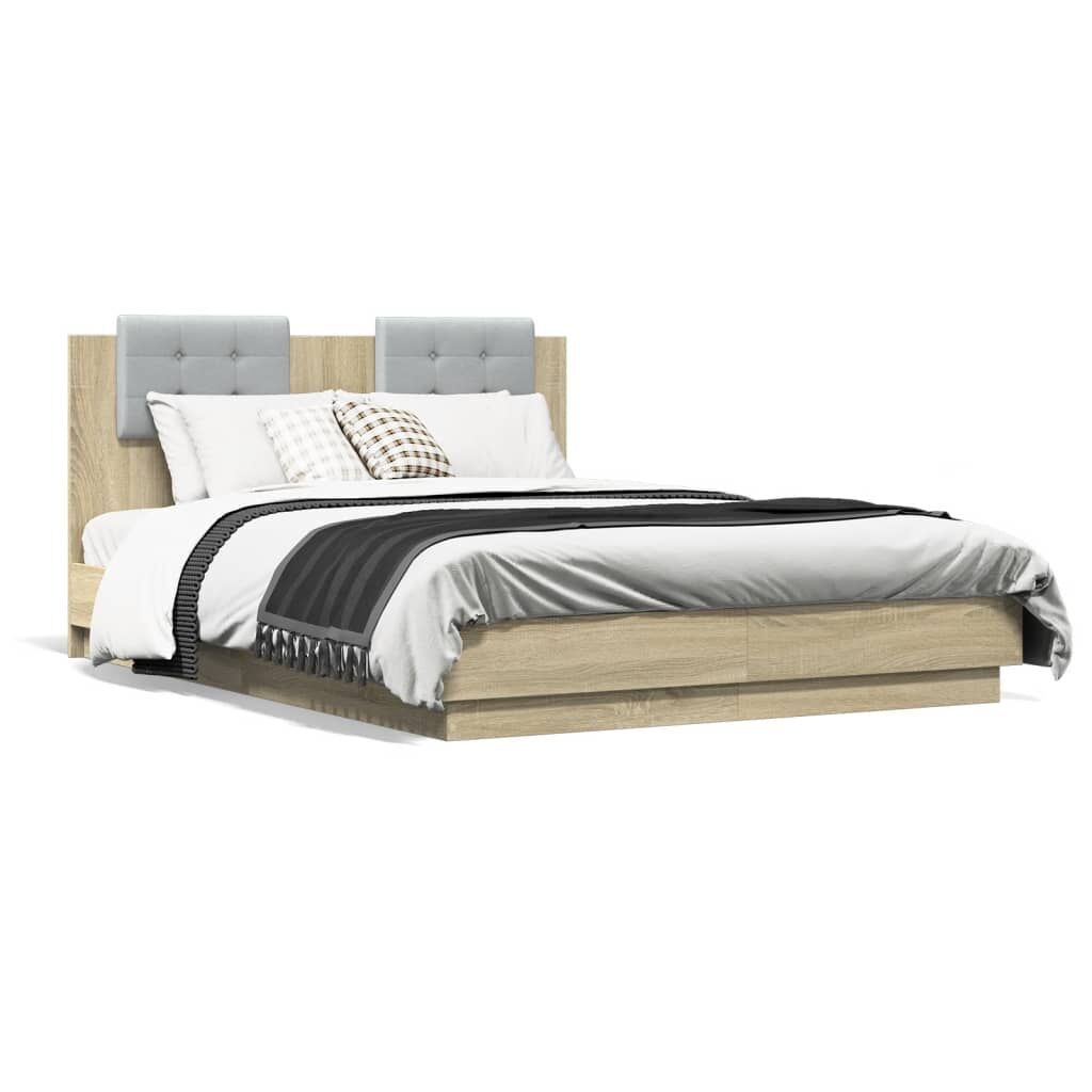 Bed Frame with LED without Mattress Sonoma Oak 135x190 cm Price