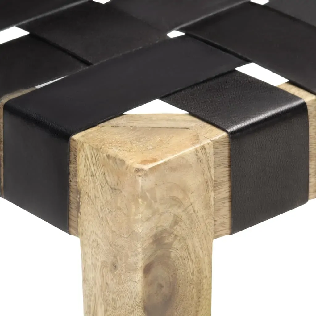 Bench 110 cm Black Real Leather and Solid Mango Wood Price