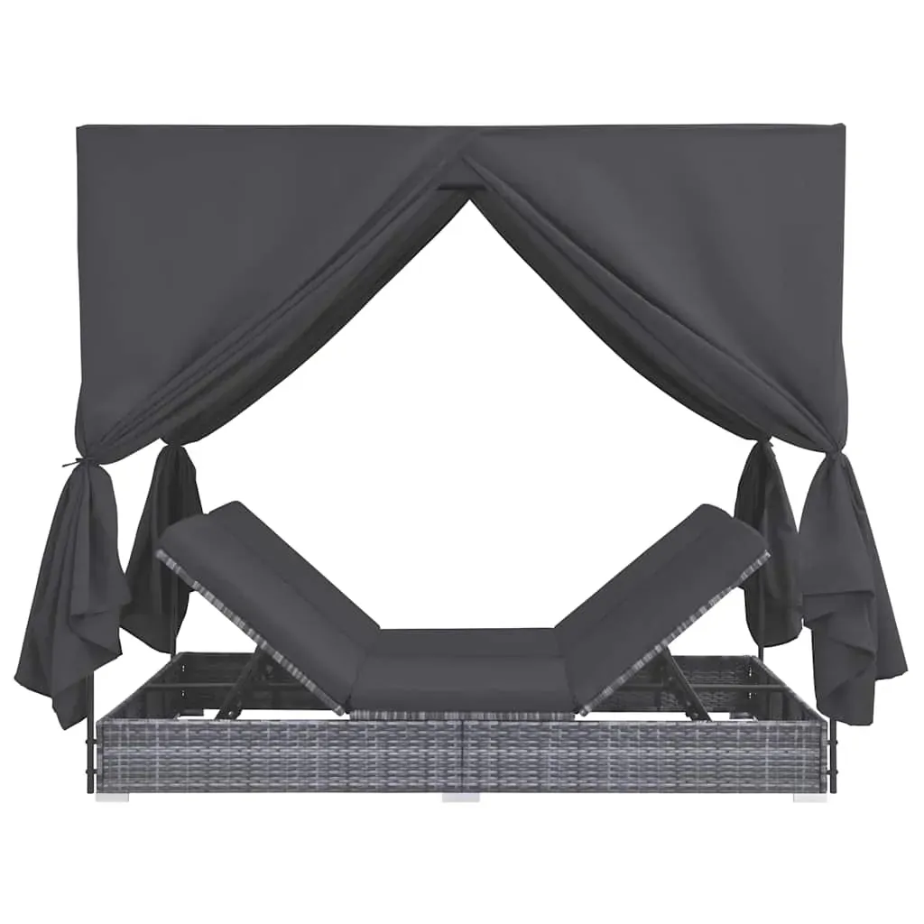 Outdoor Lounge Bed with Curtains Poly Rattan Grey Price