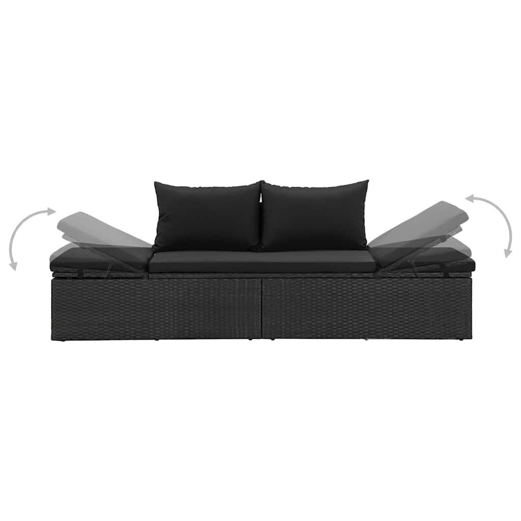Sun Bed with Cushions Poly Rattan Black Price