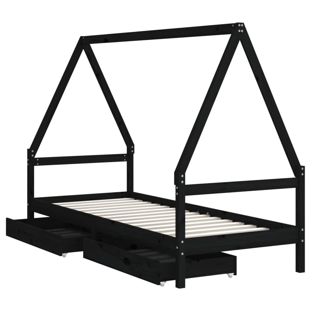 Kids Bed Frame with Drawers Black 90x190 cm Solid Wood Pine Price