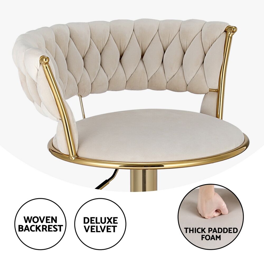 2x Bar Stools Gas Lift Velvet Woven Backrest Ivory Price
