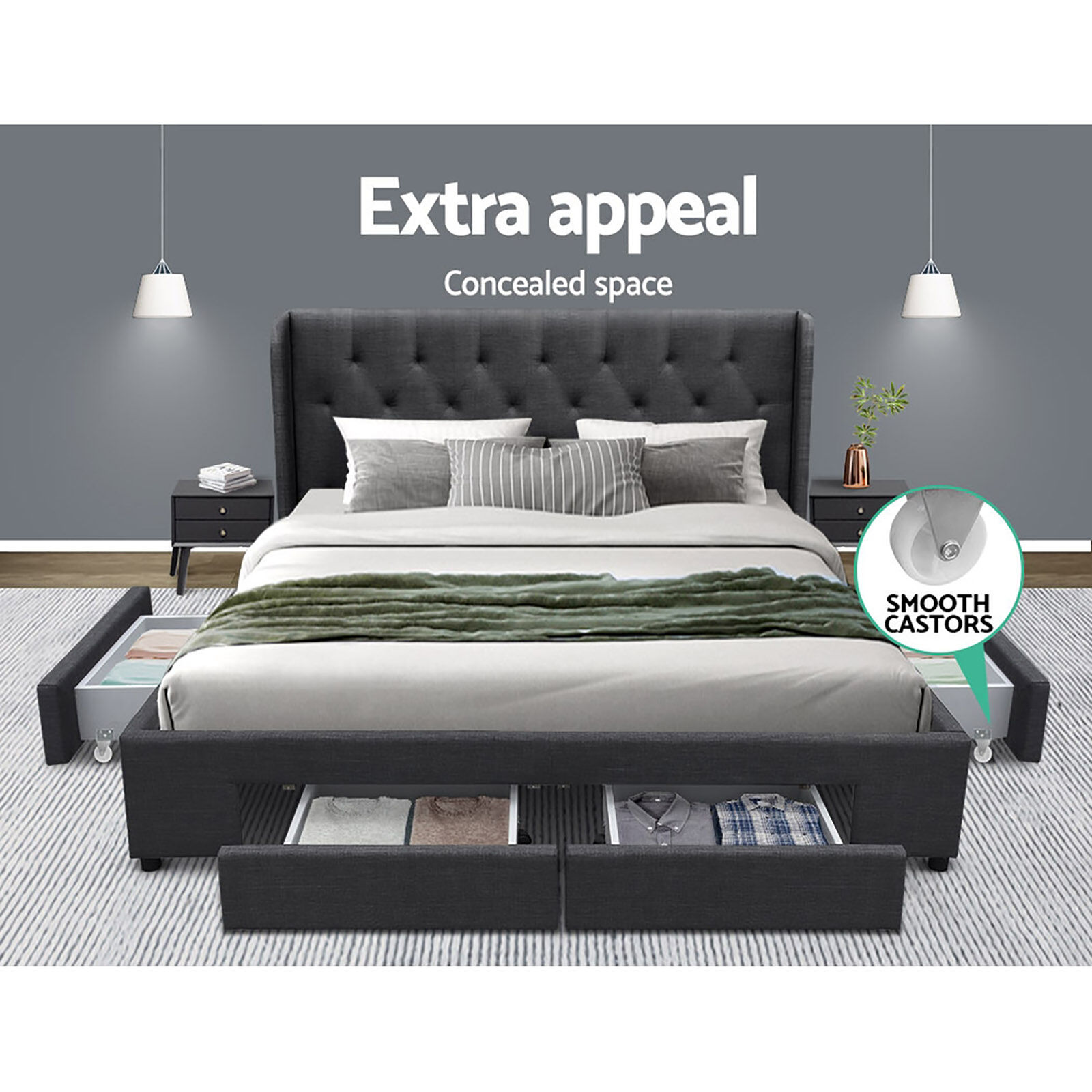 Artiss Bed Frame King Size with 4 Drawers Charcoal MILA Price