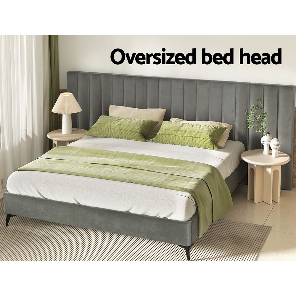 Bed Frame King Size Bed Base w Oversized Headboard Velvet Fabric Grey Price