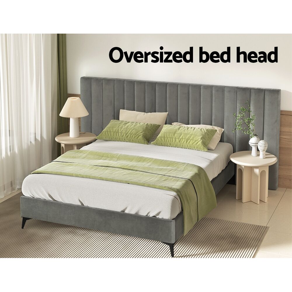 Bed Frame Queen Size Bed Base w Oversized Headboard Velvet Fabric Grey Price