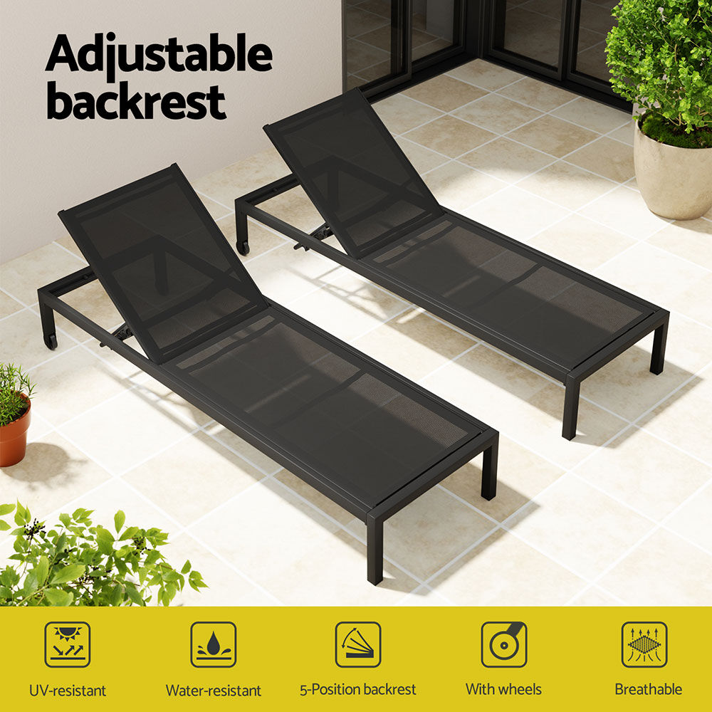 Gardeon Sun Lounge Outdoor Lounger Aluminium Folding Beach Chair Wheels Black Price