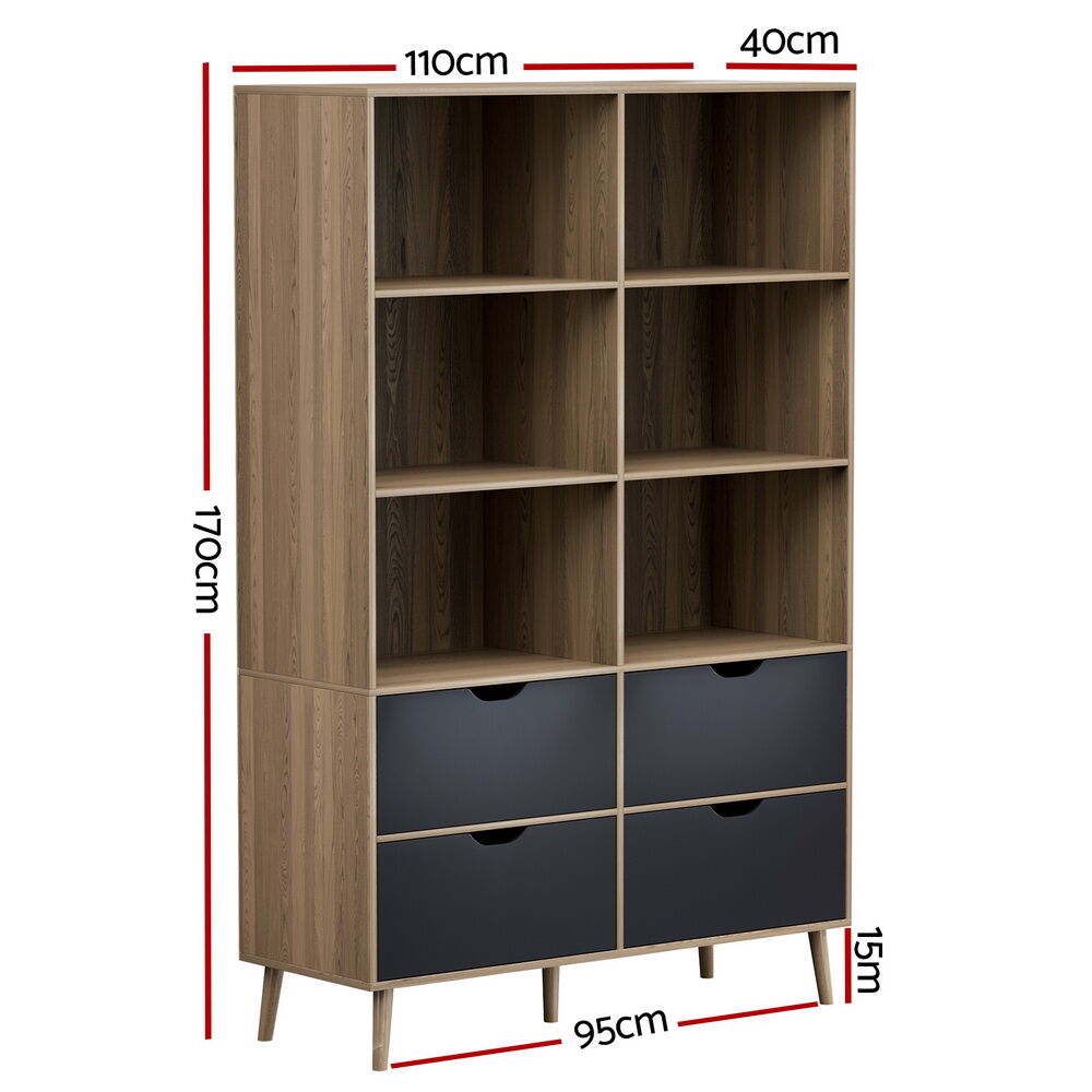 Bookshelf with 4 Drawers - MITZI Oak and Blue Price