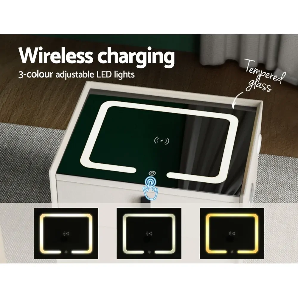 Smart Bedside Table 2 Drawers with Wireless Charging Ports LED White AIKA Price