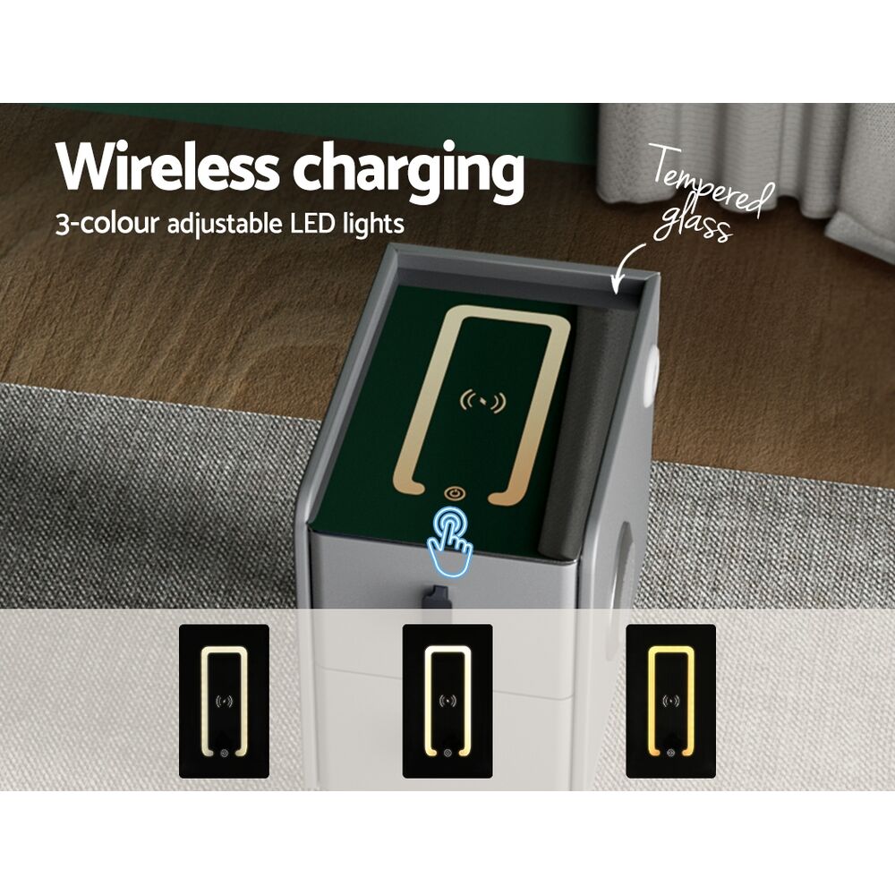 Artiss Smart Bedside Table 2 Drawers with Wireless Charging Ports LED Grey AIDA Price