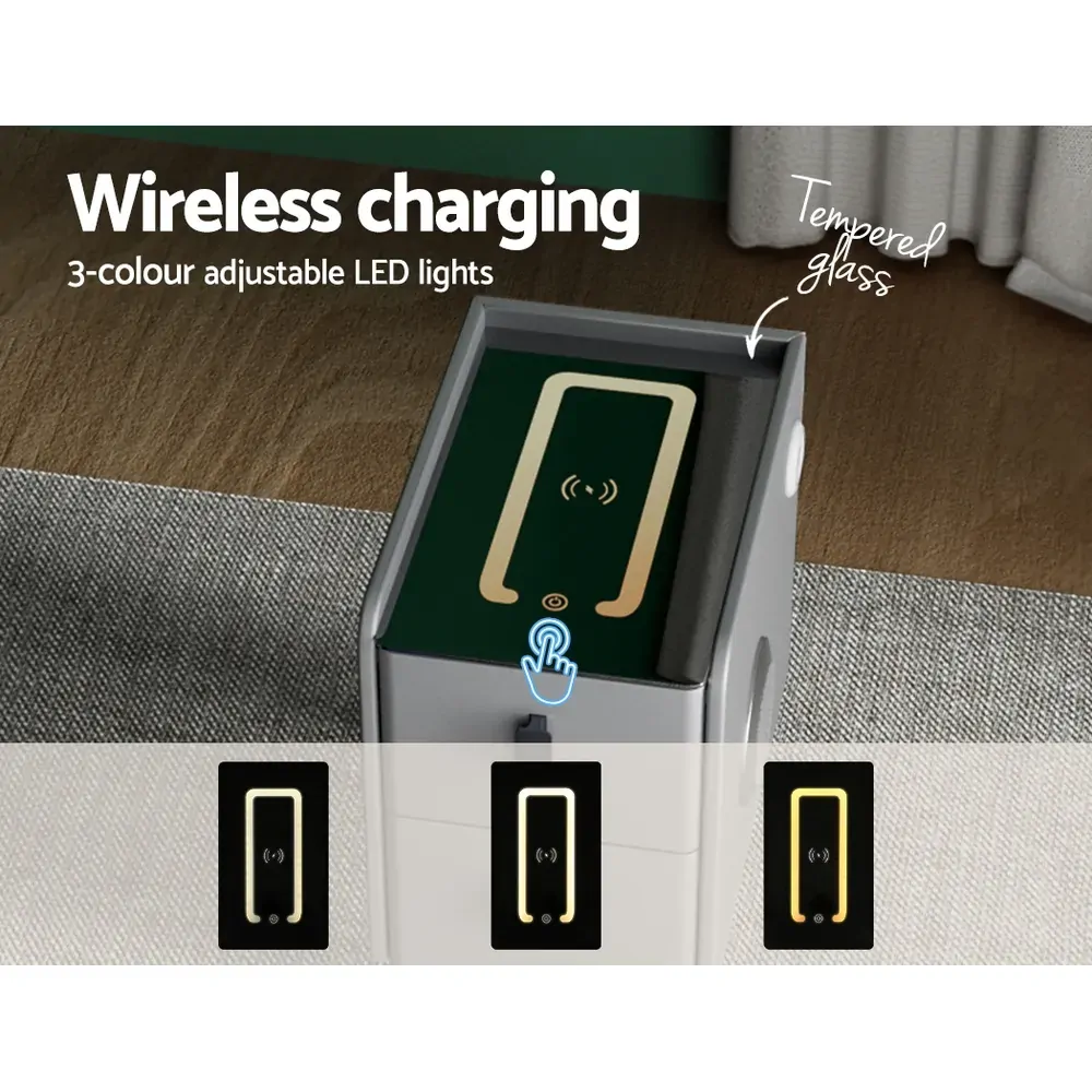 Smart Bedside Table 2 Drawers with Wireless Charging Ports LED Grey AIDA Price