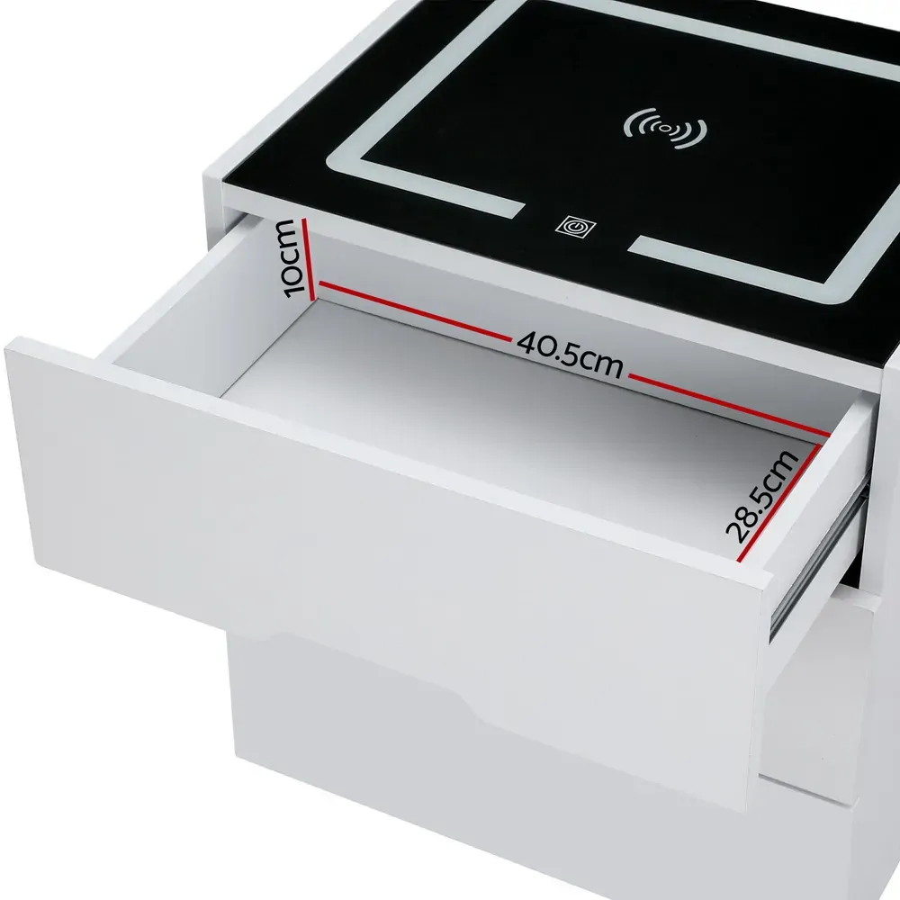 Smart Bedside Table 3 Drawers with Wireless Charging Ports LED White ADAD Price