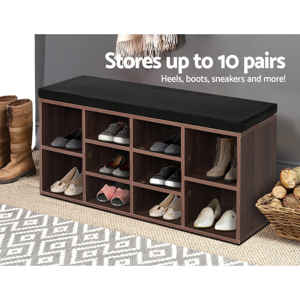 Artiss Shoe Rack Cabinet Bench 10 Cubes - Walnut Price