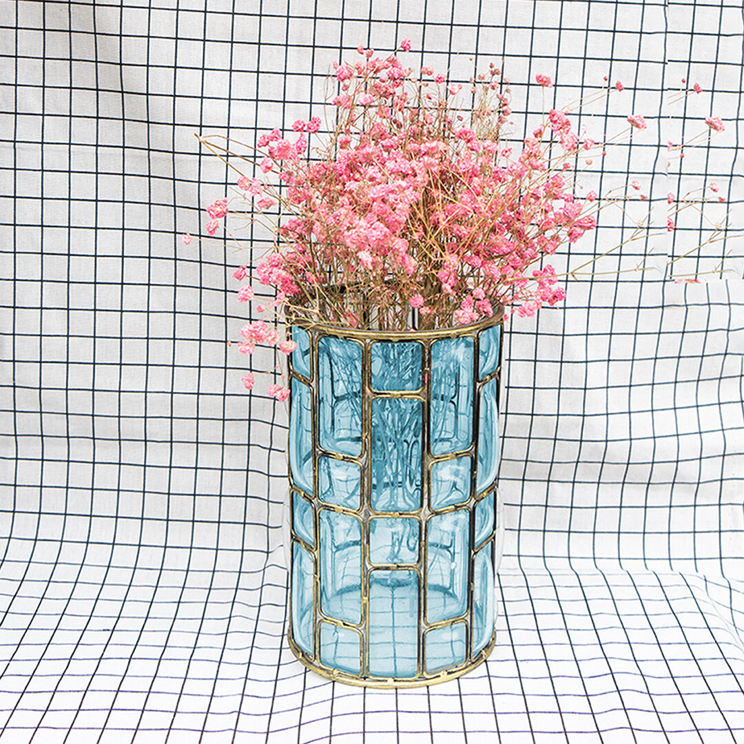blue colored european glass cylinder flower vase with gold metal pattern Price