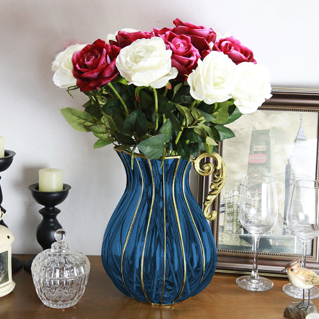 blue european colored glass home decor jar flower vase with metal handle Price