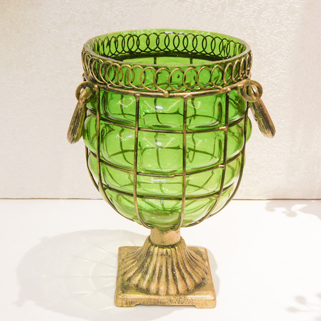 Green Colored European Glass Jar Flower Vase Solid Base with Metal Handle Price