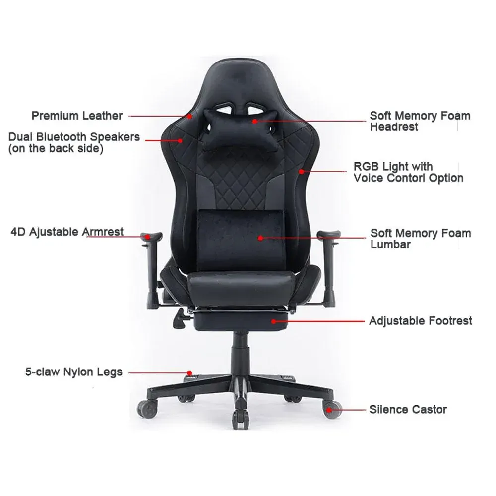 7 RGB Lights Bluetooth Speaker Gaming Chair Ergonomic Racing chair 165° Reclining Gaming Seat 4D Armrest Footrest Price