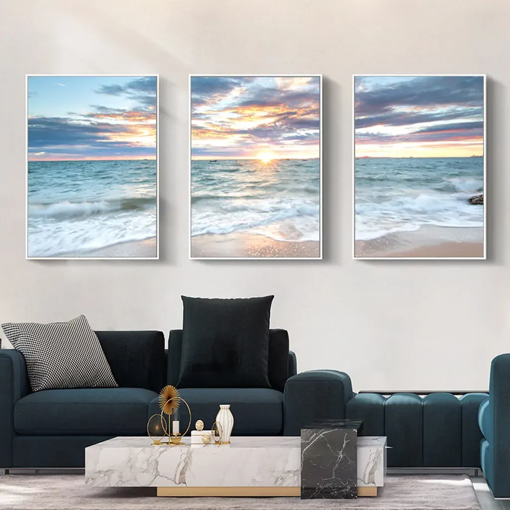 Sunrise by the ocean 3 Sets White Frame Canvas Wall Art Price