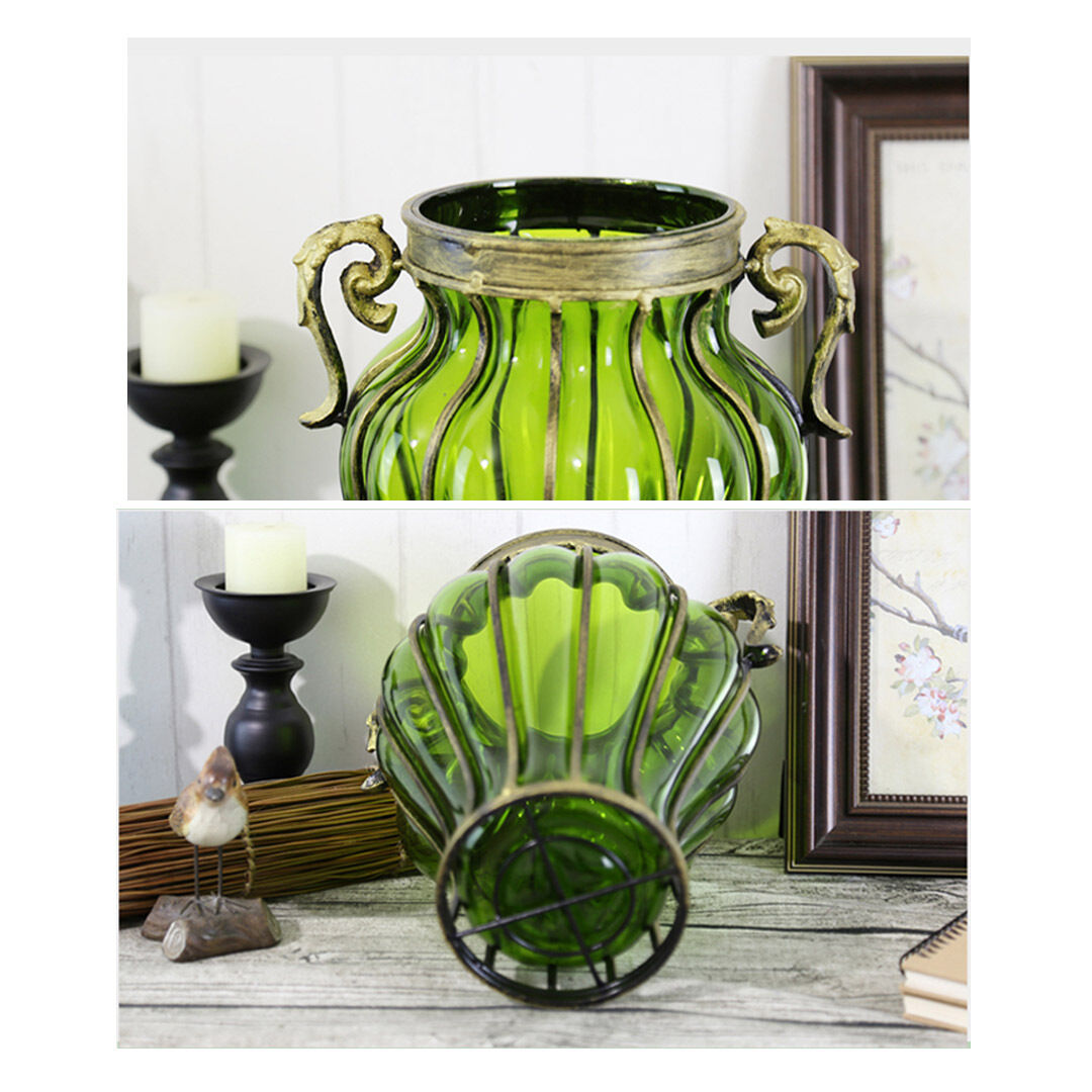 Colored European Glass Home Decor Flower Vase with Two Metal Handle Price