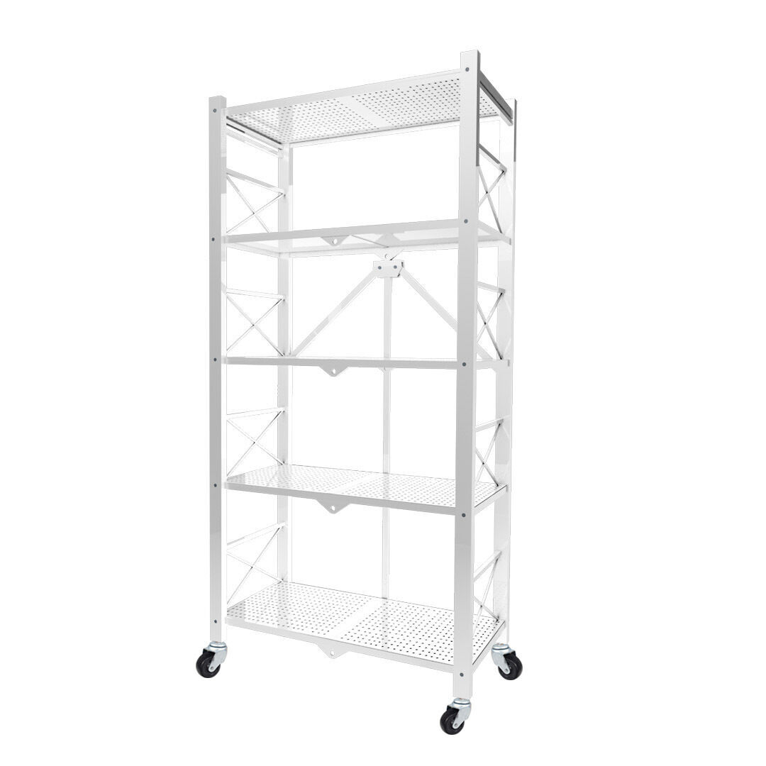 4 Tier Steel White Foldable Display Stand Multi-Functional Shelves Portable Storage Organizer with Wheels Price
