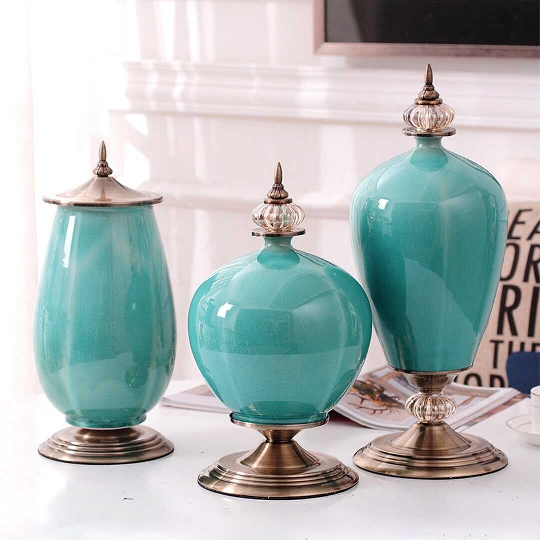 3x Ceramic Oval Flower Vase with Blue Flower Set Price