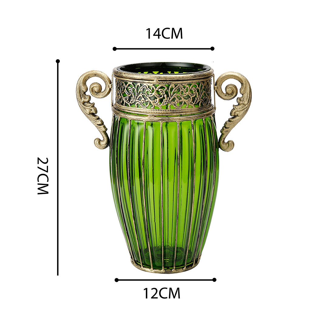 European Colored Glass Home Decor Jar Flower Vase with Two Metal Handle Price